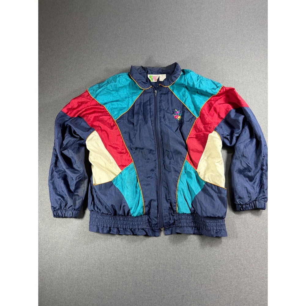 Vintage Bold Spirit Colorblock Windbreaker Jacket Navy Teal Red Women Medium